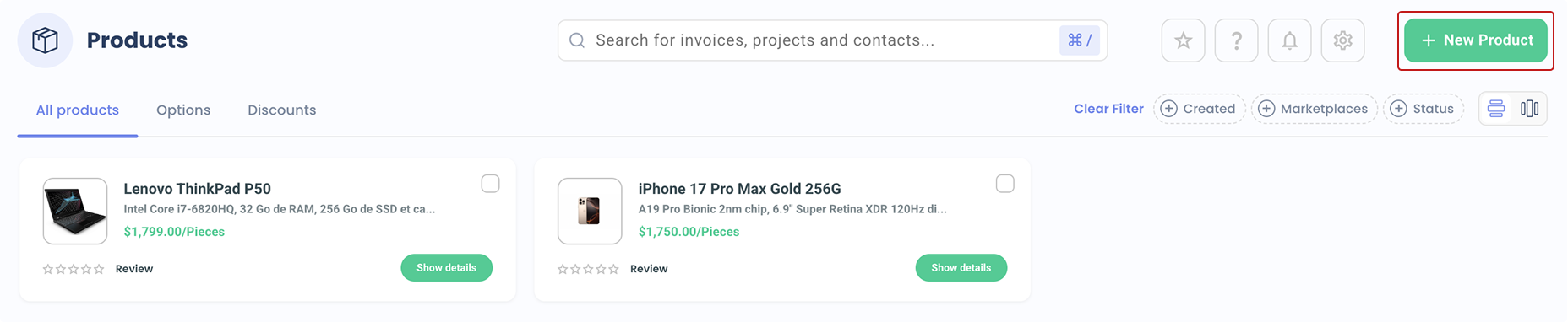 New Product Button in Header